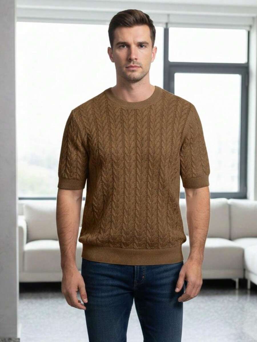 Men's Short-Sleeve Knit Sweater - Elegant Casual Slim Fit Style - Camel - View 1