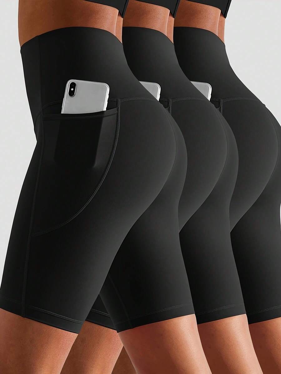 EBIOSVE Women's High-Waisted Booty Lifting Shorts - Tummy Control Gym Shorts With Side Pockets | Perfect For Yoga, Pilates, HIIT & Summer Workouts - 3pcs(black) - 查看 1