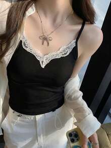 白色蕾丝边吊带背心，带衬垫胸部，女士叠穿背心，春夏新品 - 黑色 - 查看 5