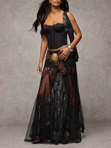 Lace See-Through Low-Waist Skirt, Women Country Music Concert/Beach Resort ,Valentine's Day, Valentine For Women - 黑色 - 查看 3