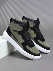 2026 New Casual Men's Shoes, Retro Classic Military Green Sneakers, Leather Lace-Up Casual Shoes, Thick Sole Elevated, Soft Comfortable Breathable Lightweight Sole, Versatile Daily Commute, High-Top Men's Sneakers, Men's Casual Shoes, Fashionable Personality Street Style Student Handsome Shoes, Lace-Up Men's Shoes, Men's Skateboard Shoes - Army Green - View 3