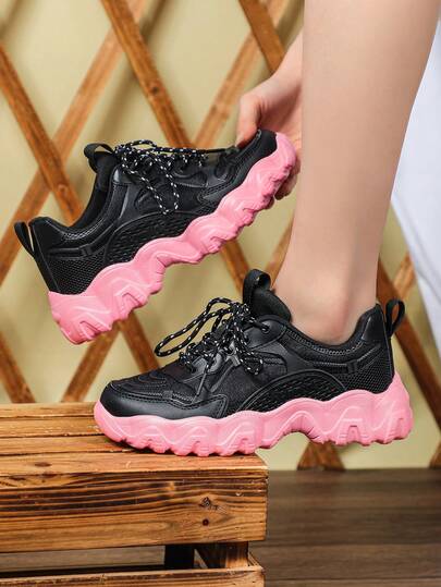 Black Leather Upper With A Pink Sole, Versatile And Elegant Women's Sneakers, Suitable For Outdoor Hiking And Walking, Perfect For Daily Wear, Commuting, Traveling, Vacation, Holiday Gifts, And Suitable For Both Men And Women.