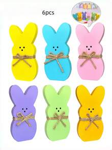 6-Piece Easter Wooden Rabbit Ornaments With Jute Rope Home Decor Holiday Props Decorative Rabbit Ornaments Wooden Crafts Wooden Rabbit Decor Festive Atmosphere Crafts Wooden Rabbit Celebrations Happy Easter Party Table Centerpiece Decor - Easter Bunny - View 1