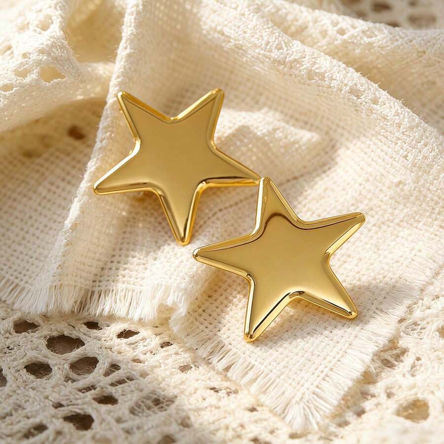 1 Par de Brincos Assimétricos Criativos Geométricos Banhados a Ouro com Pentagrama, Brincos Delicados em Tom de Ouro 18K Adequados para Uso Diário, Casamentos, Festas, Reuniões na Praia (Conjunto com 2 peças) - Dourado - Visão 1