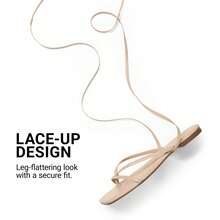 Womens Strappy Flat Sandals - Comfortable Lace Up Gladiator Dressy Sandals, Square Toe Tie Up Walking Sandal, Summer Wrap Up Vocation Sandal Mermaid Shoes - 杏色 - 查看 8