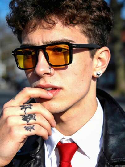 1 pieza Gafas de moda cuadradas para hombre, con marco ligero de color negro clásico, lentes suaves con tinte, estilo casual adecuado para uso diario y al aire libre, con estuche de gafas