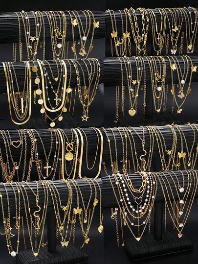 Set de 3 piezas/10 piezas/20 piezas de collares con colgantes de corazón, mariposa, perla falsa, corazón, estrella y luna, adecuado para mujeres, parejas, vacaciones, citas, uso casual, fiestas, bodas, regalo para mamá, amigos