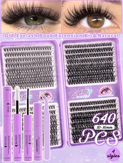 MEM 640pcs Eyelash Extension Kit - DIY Eyelash Book, Includes False Lashes, Glue, Makeup Remover, Tweezers, Easy To Use At Home For Professionals And Beginners. Eyelash Extension Starter Kit: Includes False Lashes, Glue, Makeup Remover And Tools, Easy To Transplant Lashes At Home Like A Professional. Professional Home Eyelash Extension Set (30D+40D+50D+60D)