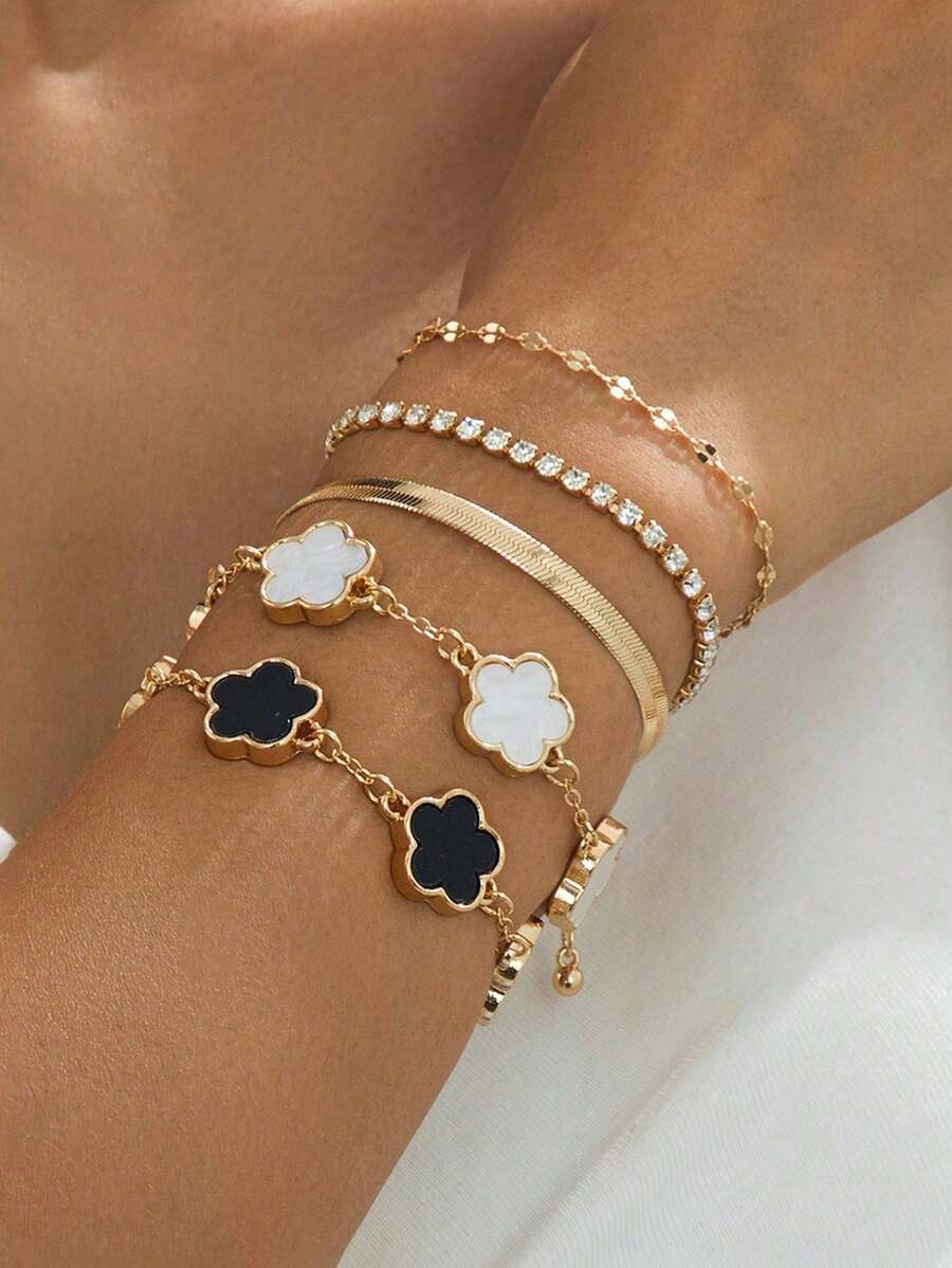 1 Set Of 4 Luxury Classic Versatile Lucky Clover Bracelet, 1 Fully Paved Crystal Bracelet, 1 Golden Snake Chain Bracelet, 1 Minimalist Thin Chain Bracelet, Women Bracelet Set For Layering/Mixing And Matching - Multicolor - View 1