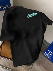 Niche Style Short-Sleeve T-Shirt, "Geedup" Ice Blue Artistic Font Print, A Standout Piece Embracing Niche  And Street Culture! Round Neck Short-Sleeve Top, Casual Loose Knit T-Shirt, Perfect For Casual Attire And Sporty Outfits - 黑色 - 查看 3