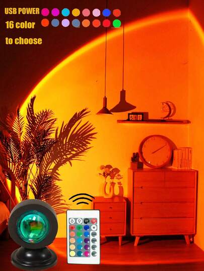 1pc USB-Powered 16-Color Adjustable Sunset Red Projection Sunset Light With Remote Control, Indoor Decorative Sunset Lamp, Home Bedroom Decorative Atmosphere Lamp,Girl's Room Decor Night Light, Live Streaming Atmosphere Light