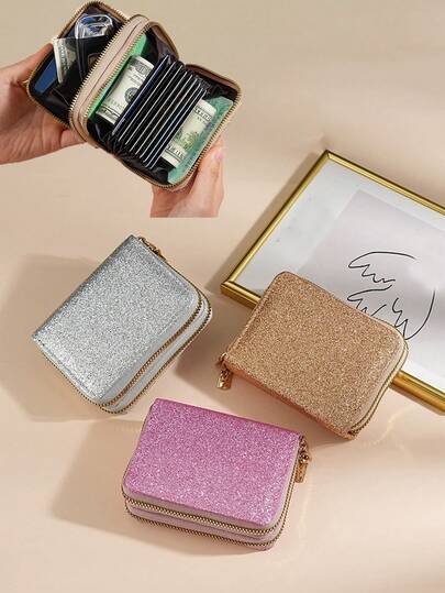 1 pieza Cartera de mujer con lentejuelas brillantes de cuero de PU, bolsa de dinero, monedero, tarjetero, estuche para tarjetas de crédito de unicolor con doble cremallera, tarjetero acordeón con brillo estrellado, bolsa de documentos con múltiples ranuras para tarjetas, bolso de moda para dama