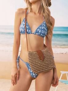 Swim Mod Fashionable Minimalist Straw Woven Pu Shoulder Bag - Brown - View 4