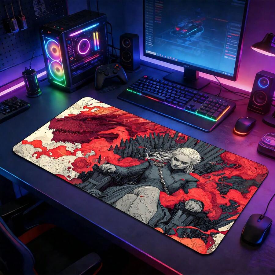 Alfombrilla de ratón grande de estilo vintage del Trono de Hierro de Daenerys, base de goma antideslizante extendida, tapete de escritorio con arte de tinta de dragón rojo, accesorio de computadora duradero, ideal para oficina y configuración de juegos, regalo perfecto para fanáticos de la serie de fantasía y la serie de televisión - Ver 1