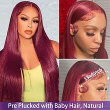 99J# 200% Density Burgundy Straight Hair 13*4 Transparent Lace Front Wig, Pre-Plucked Pre-Bleached Mixed Wig - Suitable For Women With Natural Hairline, Baby Hair - SBUG - View 4