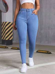 Women's Fashionable Stretch Slim-Fit Washed Denim Jeans, Summer Top/New Jeans For All Seasons, Elegant Women's Clothing, Suitable For New Year And Valentine's Day. - 藍色 - 查看 4