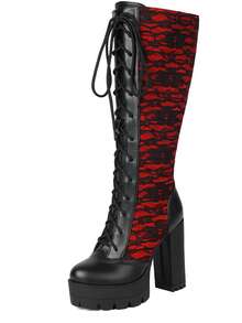 Women's Gothic Chunky Heel Boots Y2K Lace Up Knee High Boots Vintage Floral Lace Round Toe Platform Heel Cosplay Boots For Vacation Outfits - 紅色 - 查看 6