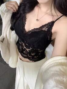 蕾丝吊带露背文胸，女士薄款性感吊带背心，春夏休闲黑色内衣 - 黑色 - 查看 4