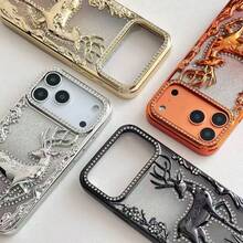 1pc Fashionable Electroplated 3D Rhinestone Deer Design Shockproof Phone Case With Gradient Glitter Cardboard, Compatible With Apple 17 Pro Max, 16, 15, 14, 13, 12, 11 Series - Burnt Orange - View 2