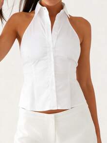 Women Button up Halter Tops Summer Trendy Lapel Tie up Backless Shirts for Streetwear Aesthetic Grunge Clothes - Blanco - Ver 5