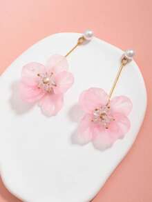 1 Pair Elegant Pink Flower & Faux Pearl Earrings, Fashionable Earrings With High-End Vibe, Suitable For Vacation - Baby Pink - View 5