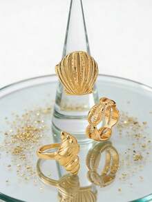 3枚波西米亚风金属几何贝壳戒指，适合日常佩戴、度假、作为珠宝礼物 - 金黃色 - 查看 4