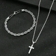 2 件男士简约休闲十字架首饰套装 - 时尚项链和手链组合，百搭男士配饰学校 - 彩色 - 查看 5