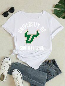 Women's University Of South Florida Graphic Print Short Sleeve T-Shirt, Casual Crew Neck Soft Cotton Blend Tee,  College Sports Inspired Top For Daily Wear & Campus Style,Tops For Women,Women Tops,Women's Tops Clothes ,Women Tops, Blouses & Tee  Camiseta Para Mujer,Motif Women Clothes,Summer Clothes,Spring Outfits For Women,Graphic Tees Women,Black Top,Summer Tops, - trắng - Xem 4