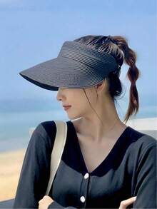 1顶女士时尚草编遮阳帽，宽帽檐可卷起折叠，夏季沙滩防晒帽 - 多色 4 - 查看 12