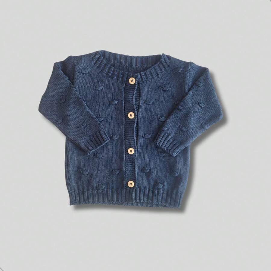 CONFECÇÕES ROMILA Knitted Baby Boy/Girl Wool Sweater With Wooden Buttons, Lightweight Cardigan, Unisex - 藏蓝色 - 查看 1