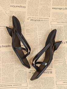 Square Toe Asymmetric Heel Women's High Heel Sandals, Black Summer Beach Casual Sandals - Black - View 3