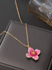 1件手工珐琅渐变粉色四瓣花吊坠项链，优雅法式风格，女士款 - 粉色 - 查看 4
