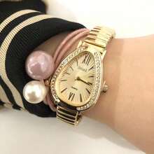 Relgio de Pulso Feminino Pulseira Elstica e plstico. Analgico Prata Rosas de ouro - Dourado - Visão 2