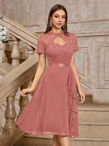 MIUSOL Đầm cocktail dáng xòe cổ cao, chất liệu chiffon, ren hoa, ren, xếp ly, thích hợp cho mùa hè. - Bụi hồng - Xem 4