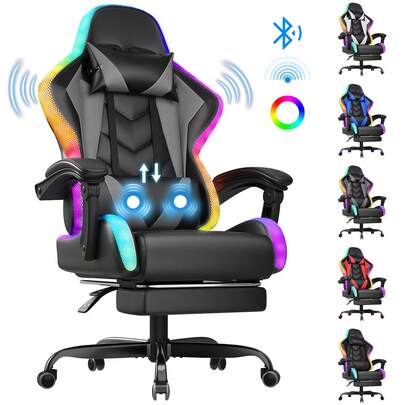  DEVOKO Gaming Chair With Footrest, Ergonomic PU Leather Computer Chair With Adjustable Armrests & 135° Reclining Backrest, 360° Swivel Office Chair For 150-190cm Adults, Max Load 150kg