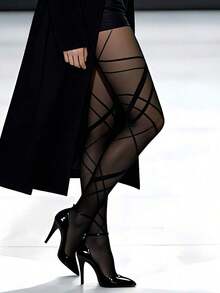 Plus Size Women's Elegant Asymmetrical Diamond Pattern Pantyhose, Black, High Elasticity, Suitable For All Seasons.This Plus Size Sheer Pantyhose Is Versatile And Can Be Paired With Various Outfits To Showcase Youthful Vitality, Sexiness And Fashionability. - 黑色 3 - 查看 2