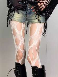 1 par de meias arrastão vintage vazadas estilo gótico/emo, leggings sexy estilo anos 2000 com patchwork de renda, conjunto de 2 peças: meia-calça cinza vazada com estampa de estrelas e meia-calça branca, meias longas grunge punk e estilo e-girl, perfeitas para festas e comemorações. - Multicolorido - Ver 12