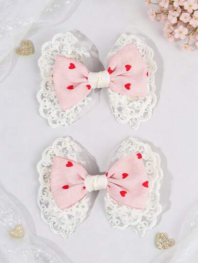 2PCS Lace Pink Hair Bows For Girls Heart Print Hair Clips Silk Belt Alligator Clips Cute Sweet Style Hair Barrettes For Spring Outfits And Casual Daily Wear Cute Headdress Teens Hair Accerssories