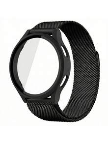 2pcs/Set Black Milanese Loop Magnetic Band & 2-In-1 Integrated Case Compatible With Samsung Galaxy Watch 7/6/5/4 (40mm/44mm), Premium Stainless Steel Mesh Bracelet With Strong Magnetic Buckle & Hard PC Bumper Case Built-In Tempered Glass Screen Protector - Black - View 1