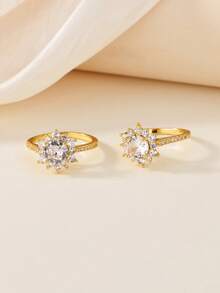 男女款立方氧化锆结婚订婚戒指，18K镀金向日葵造型戒指，奢华珠宝，度假派对生日日常礼物 - 1 - 查看 6