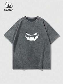 Plus Size Men's Casual Graphic Face & English Print Drop Shoulder Crew Neck T-Shirt, Streetwear Y2K Style, Suitable For Daily Wear - Grey - View 3