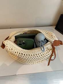 2025新款镂空单肩编织沙滩包，大容量通勤手提包，适合度假 - 米色 - 查看 8