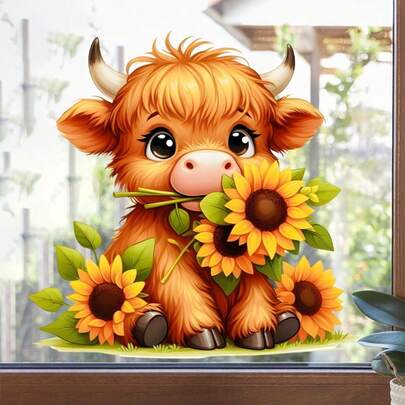 1 pezzo Adesivo in vinile con mucca delle Highland e girasole - Adatto per finestre, pareti - Adesivo autoadesivo, monouso - Aderisce a superfici in vetro, metallo e ceramica