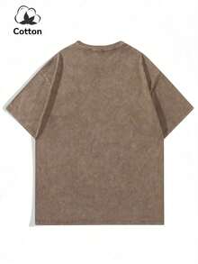 男士大码休闲极光星和英文字母印花 Y2K 暗黑风格圆领水洗短袖T恤，日常穿着 - 駝色 - 查看 3