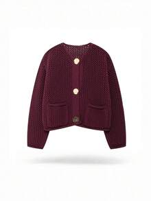 Áo khoác cardigan nữ dáng rộng, tối giản, đa năng, đính cúc kim loại, chất liệu dệt kim dày dặn, phù hợp cho mọi mùa. - Màu Đỏ Sâu - Xem 4
