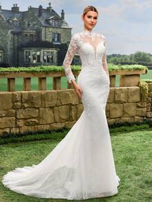 White Applique Mesh Patchwork Zipper Fitted Elegant Long Sleeve Wedding Dress - White - View 8