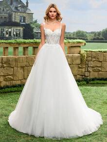 Váy cưới voan mỏng lãng mạn, dây mảnh, ren - Váy cưới thanh lịch - trắng - Xem 5