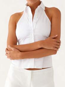 Women Button up Halter Tops Summer Trendy Lapel Tie up Backless Shirts for Streetwear Aesthetic Grunge Clothes - Blanco - Ver 2