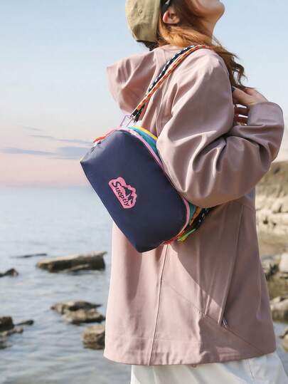 1pc Water-Resistant Letter Print Multi-Zipper Pouch Colorblock Shoulder Bag, Unisex Portable For Work, School, Travel, Suitable As Holiday Gift