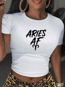 Aries OF Typography Women's Fashion Short Sleeve T-Shirt,Y2K Top Crop,Camisetas De Fiesta,Back To School,Vintage,Street Wear, Rock, Holiday, Vacation, Festival, Summer Tops - 白色 - 查看 3